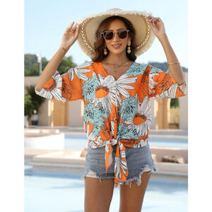 🔥🔥Women's Floral Front Tie Oversized Beach Shirt
